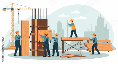 Construction Workers Erecting Concrete Formwork On a Building Site