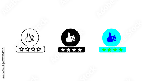  customer-rating-approval-icon set. .Black outline icon showing a thumbs-up symbol above a row of stars, vector illustration, pictogram isolated on white background. color editable