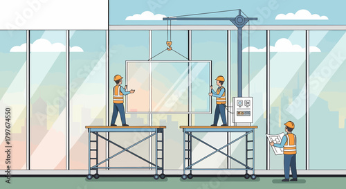 Construction Workers Installing Glass Panels on Modern Building Facade