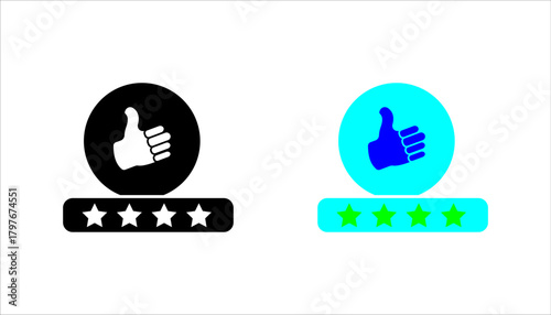  customer-rating-approval-icon set. .Black outline icon showing a thumbs-up symbol above a row of stars, vector illustration, pictogram isolated on white background. color editable