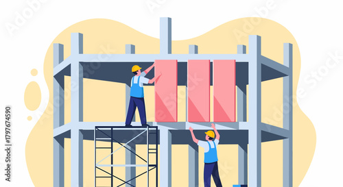 Construction Workers Installing Panels On Building Frame Illustration