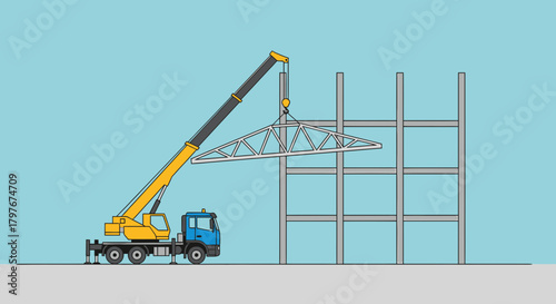 Crane Lifting Steel Structure For Modern Building Construction Project