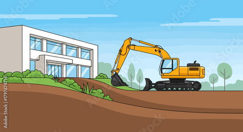 Excavator At Construction Site With Modern Building And Blue Sky