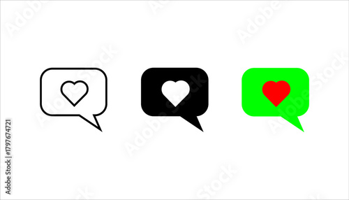  Heart Chat Bubble Line Icon set. A minimalist line icon of a chat bubble containing a heart symbol, representing love messages, feedback, communication, or social interaction.