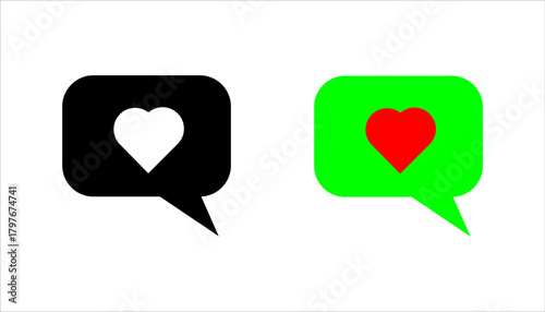  Heart Chat Bubble Line Icon set. A minimalist line icon of a chat bubble containing a heart symbol, representing love messages, feedback, communication, or social interaction.