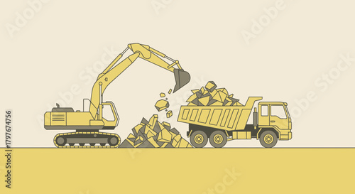 Excavator Loading Materials Into A Dump Truck Illustration Concept