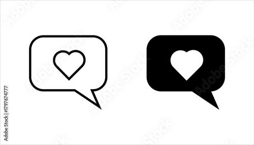  Heart Chat Bubble Line Icon set. A minimalist line icon of a chat bubble containing a heart symbol, representing love messages, feedback, communication, or social interaction.