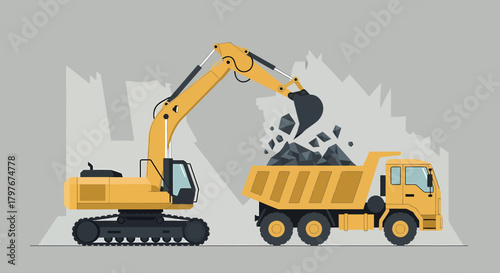 Excavator Loading Rocks Into A Dump Truck In Quarry
