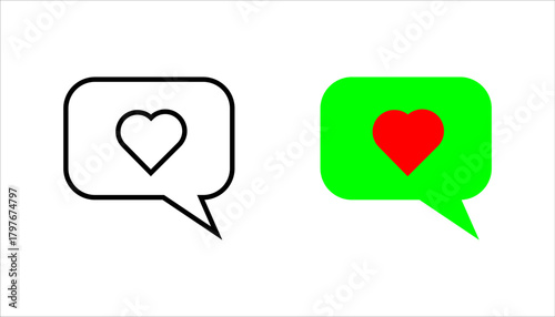  Heart Chat Bubble Line Icon set. A minimalist line icon of a chat bubble containing a heart symbol, representing love messages, feedback, communication, or social interaction.