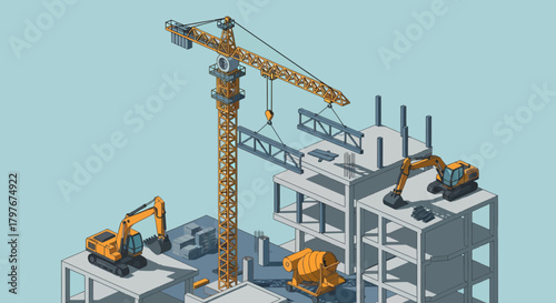 Isometric Building Construction Site With Heavy Equipment And Crane