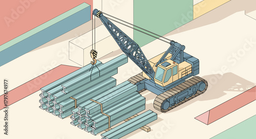 Isometric Crane Lifting Steel Beams In Cartoon Minimalist Style