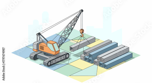 Isometric Crane Lifting Metal Beams At a Construction Site