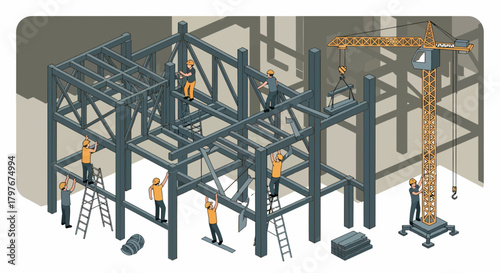 Isometric Illustration Of Construction Workers Building Steel Structure
