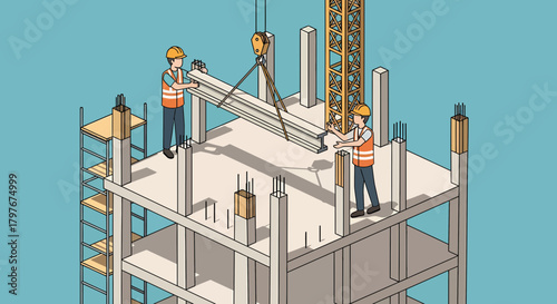 Isometric Illustration Of Construction Workers And Crane On Building Site