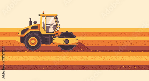 Road Roller Compactor Smoothing Asphalt Layers Construction Site Graphic