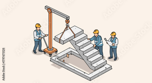 Precast Stairs Installation With Workers And Crane Isometric View