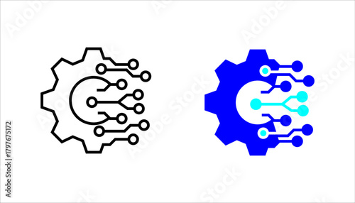 gear-circuit-technology-icon set. Dual-style icon showing a gear combined with digital circuit lines, symbolizing technology integration, automation, innovation, digital engineering, and modern machin