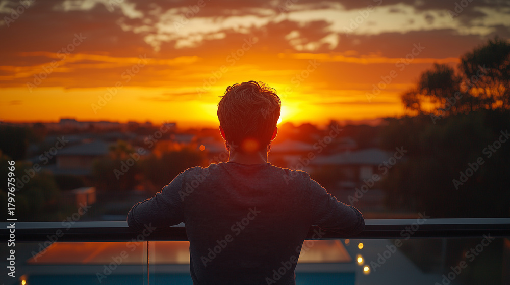 Fototapeta premium Sunset contemplation over a tranquil neighborhood with a breathtaking sky view ai, sunset, contemplation, balcony, neighborhood, sky, colors, orange, pink, tranquility, person, evening, homes, swimmin