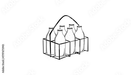 Illustration of six milk bottles in a wire carrier on a white backdrop