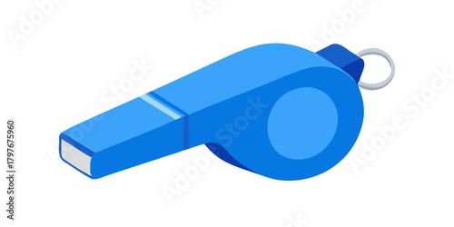 SPORT - Blue volleyball with metal referee whistle on white background, ideal for sports, training, and coaching concepts.