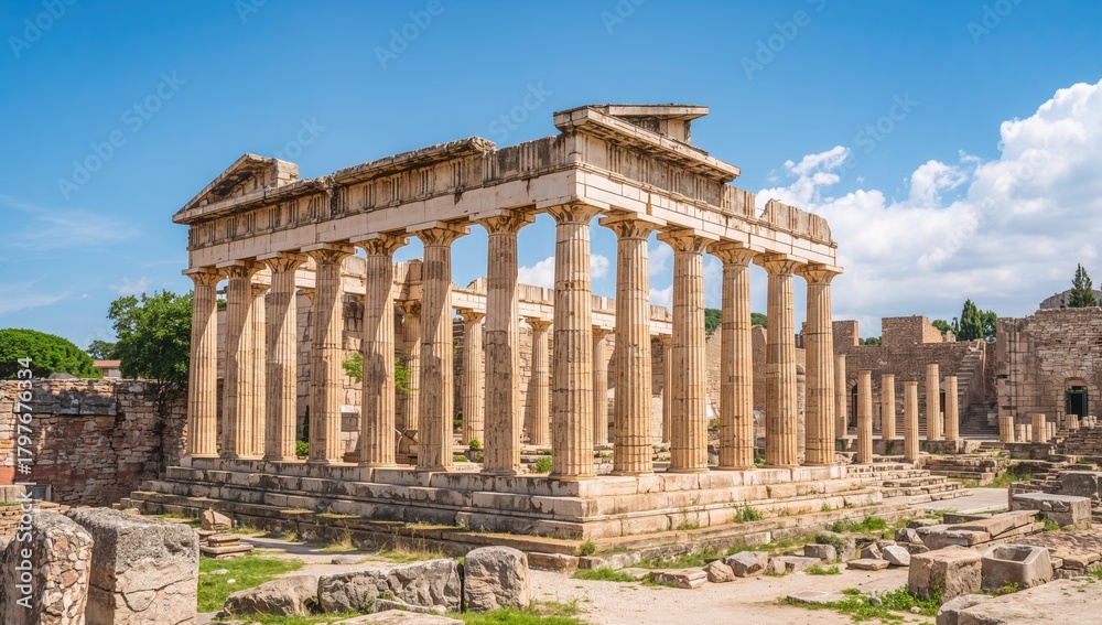 Fototapeta premium Paestum ruins featuring three ancient Greek temples in Doric style, historical preservation