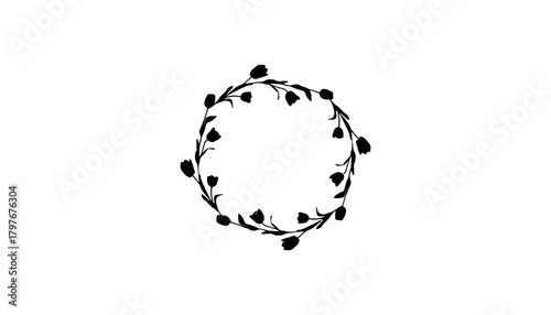 Black floral wreath with closed tulip buds on a white background art