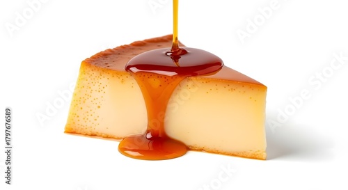 A delicious slice of flan with caramel sauce, a sweet treat delighting your taste buds. This dessert is a perfect choice, pudim slice