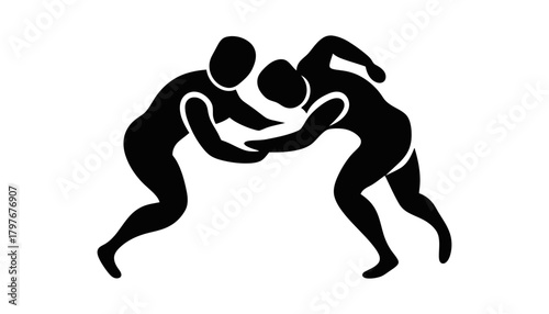 Two wrestlers in a grappling hold in a black and white illustration