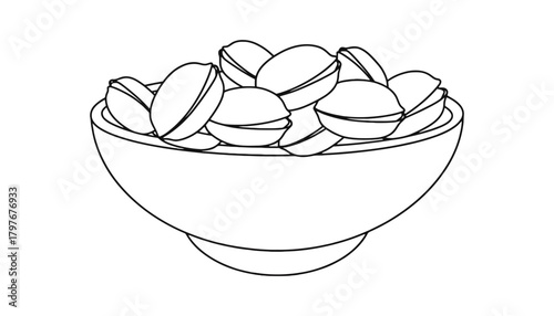 Outline drawing of a bowl filled with several pistachios together