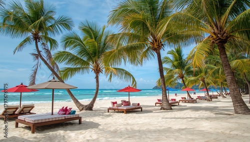 Fototapeta Naklejka Na Ścianę i Meble -  Tropical escape featuring a white sand beach, umbrellas, and palm trees, ideal for relaxation