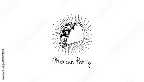 Black and white drawing of a taco with radiating lines behind it