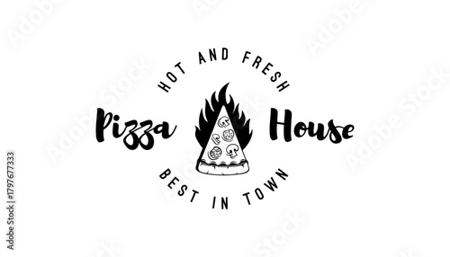 Pizza house logo with slice of pizza and flames on a white background