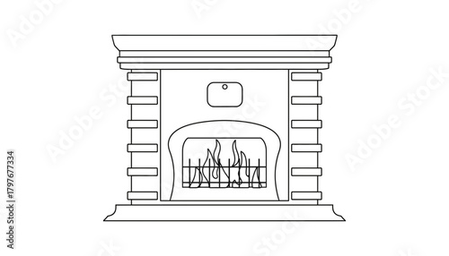 Illustration of a fireplace with flames and decorative brick columns