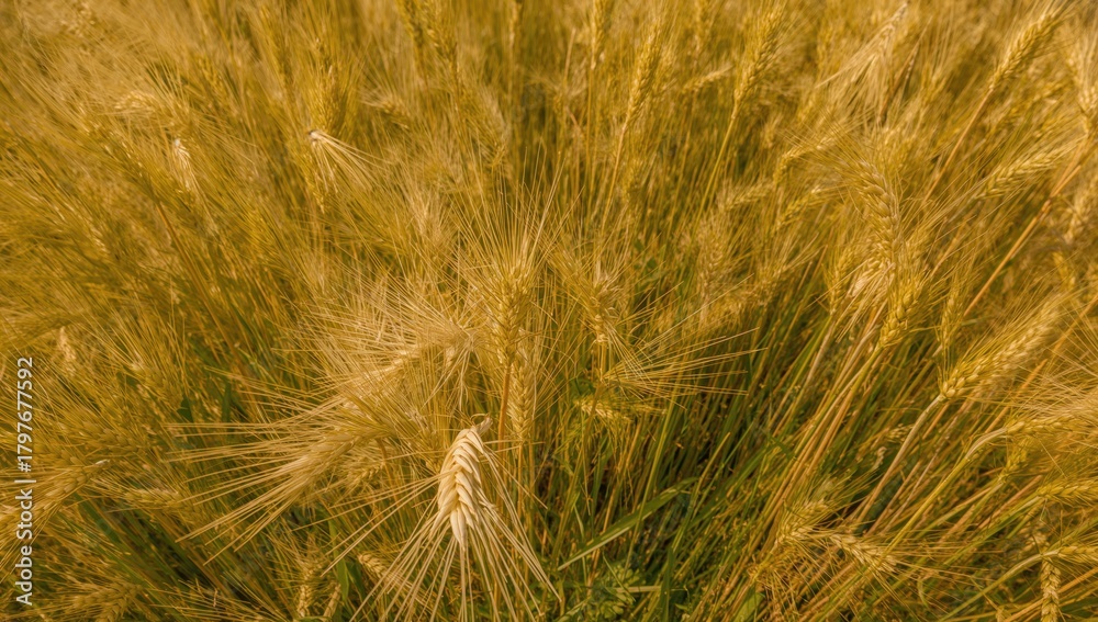 Fototapeta premium Golden wheat field close-up, showcasing ripe ears of grain, seasonal change