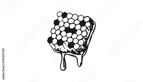 Illustration of dripping honeycomb in black and white on white background