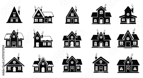 Silhouette Black Minimal Christmas House Icons Vector Set – Cozy Winter Home Symbols, Simple Holiday Graphics, and Seasonal Design Elements