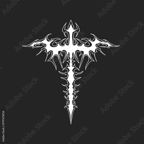 neo tribal cross sword design with cyber tribal blade elements, fantasy style, and goth cybersigilism linework for arm, spine, leg, and t-shirts.
