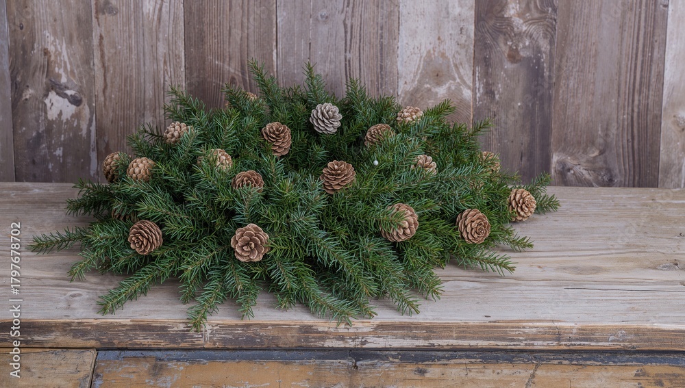 Obraz premium Christmas wreath made of pine cones and evergreen branches, seasonal decor for festive celebrations