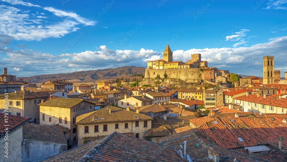 Obraz premium Panoramic view of a medieval town, showcasing historical architecture, urban density