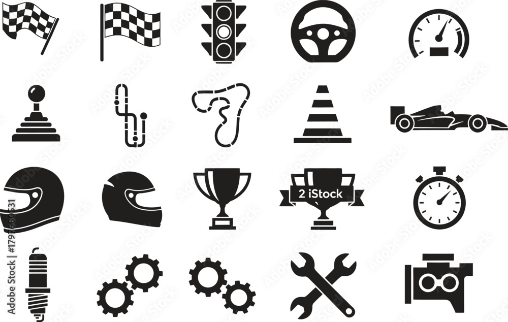 Fototapeta premium Racing Icons Black and White Illustration Set for Motorsport Enthusiasts