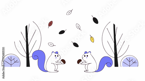 Two squirrels holding acorns under falling leaves between bare trees in a whimsical autumn scene design