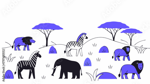 Illustration of african savanna with lions zebras and elephant under trees on a white background
