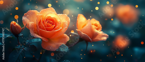 Fototapeta Naklejka Na Ścianę i Meble -  Beautiful orange roses adorned with dew drops in a serene garden during twilight ai, roses, orange, garden, twilight, flowers, blooming, dew, drops, greenery, bokeh, nature, beauty, petals, serenity, 