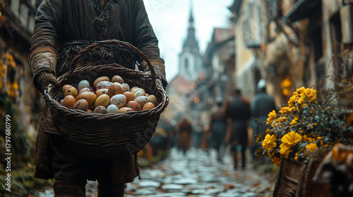 Fototapeta Naklejka Na Ścianę i Meble -  Man carries a basket of decorated eggs through a historic village during a festive day ai, decorated, eggs, basket, historic, village, cobblestone, street, flowers, festive, day, man, church, spire, v