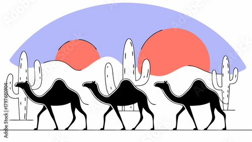 Silhouette of three camels walking in desert with cacti and suns in the background landscape view