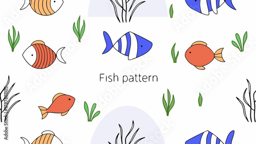 Seamless pattern with colorful fish and seaweed on a white background for kids design projects
