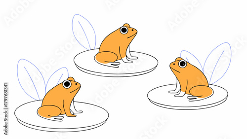 Three cartoon orange frogs sitting on lily pads with leaves in a simple illustration style image