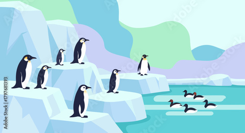 Antarctic Wildlife Scene Featuring Penguins And Swimming Birds