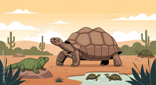 Desert Landscape With Tortoise, Iguana, Cacti And Other Reptiles