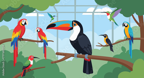 Exotic Birds Gathering At Tropical Forest Environment Illustration